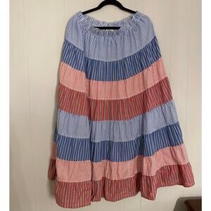 Bechamel Tiered 100% Cotton Red Blue Striped Maxi Skirt Large Cottage Boho Lagen